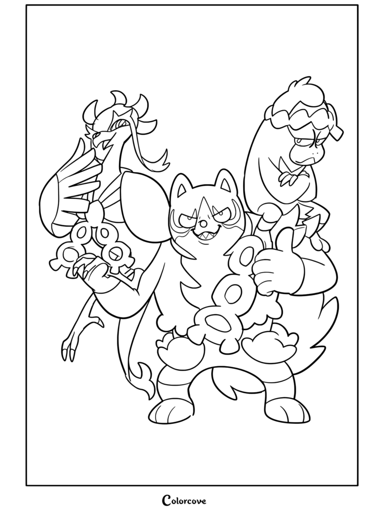 Una página para colorear con Fezandipiti, Munkidori y Okidogi, los tres leales pokemon legendarios, posando juntos en una detallada ilustración de arte lineal.
