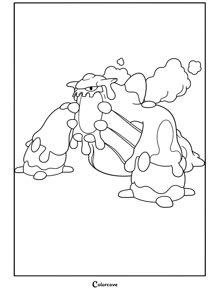 Dibujo para colorear de Heatran, un Pokemon Legendarios con cuerpo de lava fundida, armadura metálica y nubes de humo.