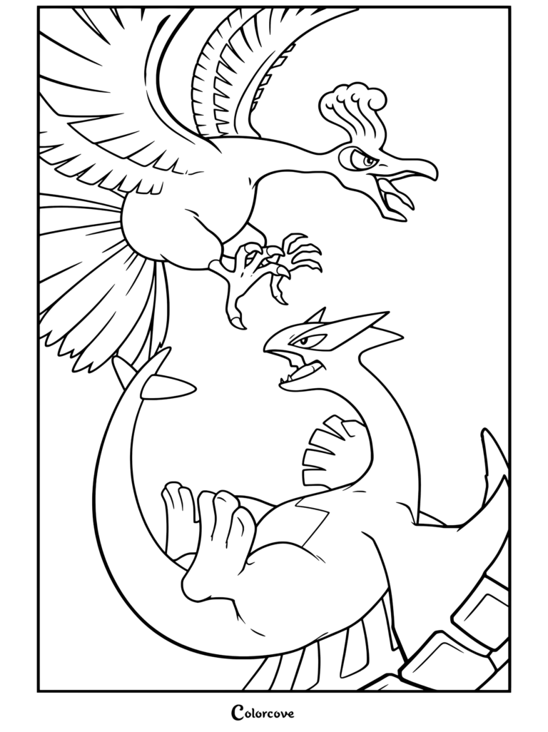Dibujo para colorear con la obra de arte del enfrentamiento entre los Pokemon legendarios Ho-Oh y Lugia.