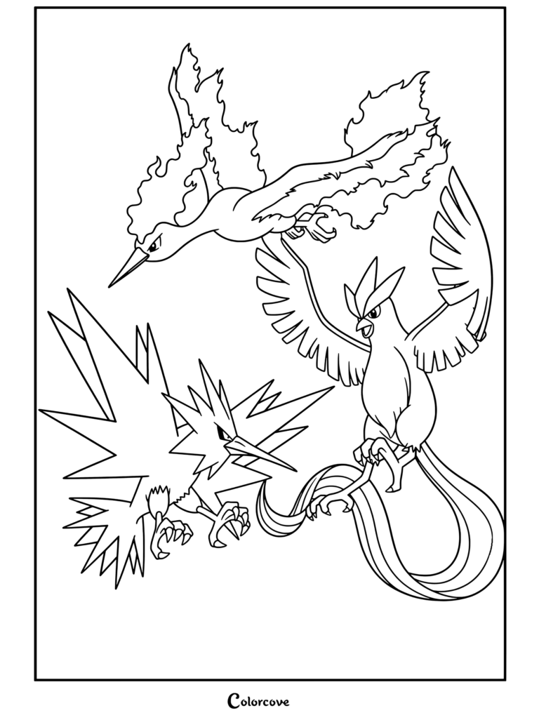 Las aves legendarias de Kanto, Moltres, Zapdos y Articuno, surcando los cielos juntas en esta detallada página para colorear de Pokemon Legendarios.