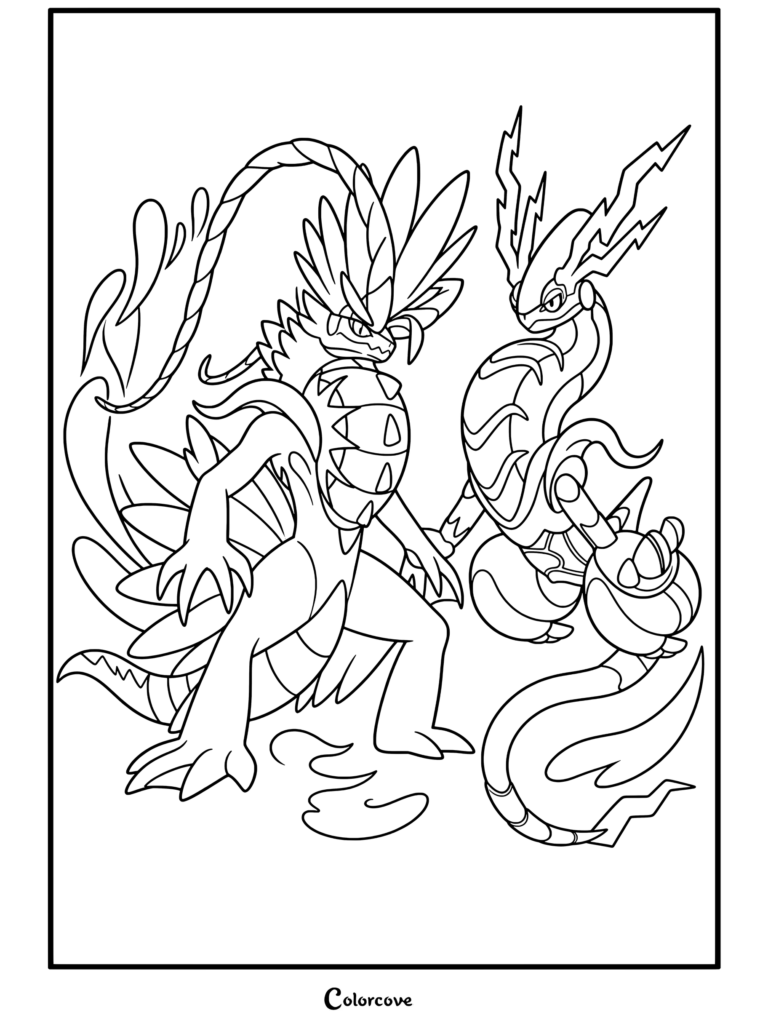 Página para colorear imprimible de Koraidon y Miraidon lado a lado como pokemon legendarios de Escarlata y Púrpura.