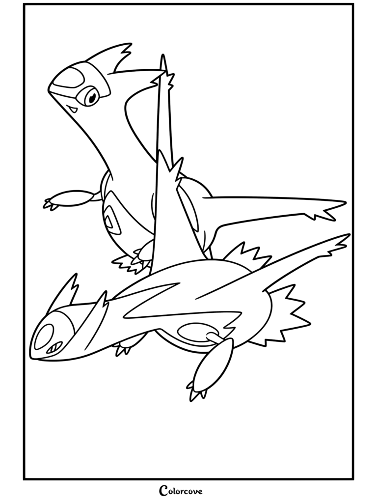 Página para colorear de Latias y Latios surcando los cielos juntos como Pokemon Legendarios con llamativos contornos negros.