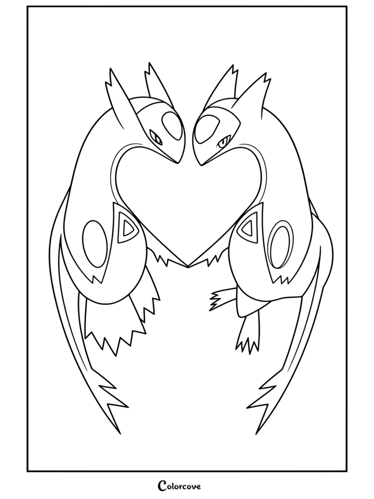 Dibujo para colorear con Latios y Latias formando una forma de corazón contra un cielo al atardecer, presentando a Pokemon Legendarios.