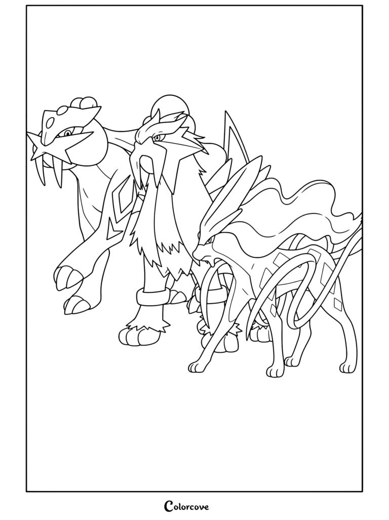Página para colorear de Pokemon Legendarios con Raikou, Entei y Suicune de pie hombro con hombro.