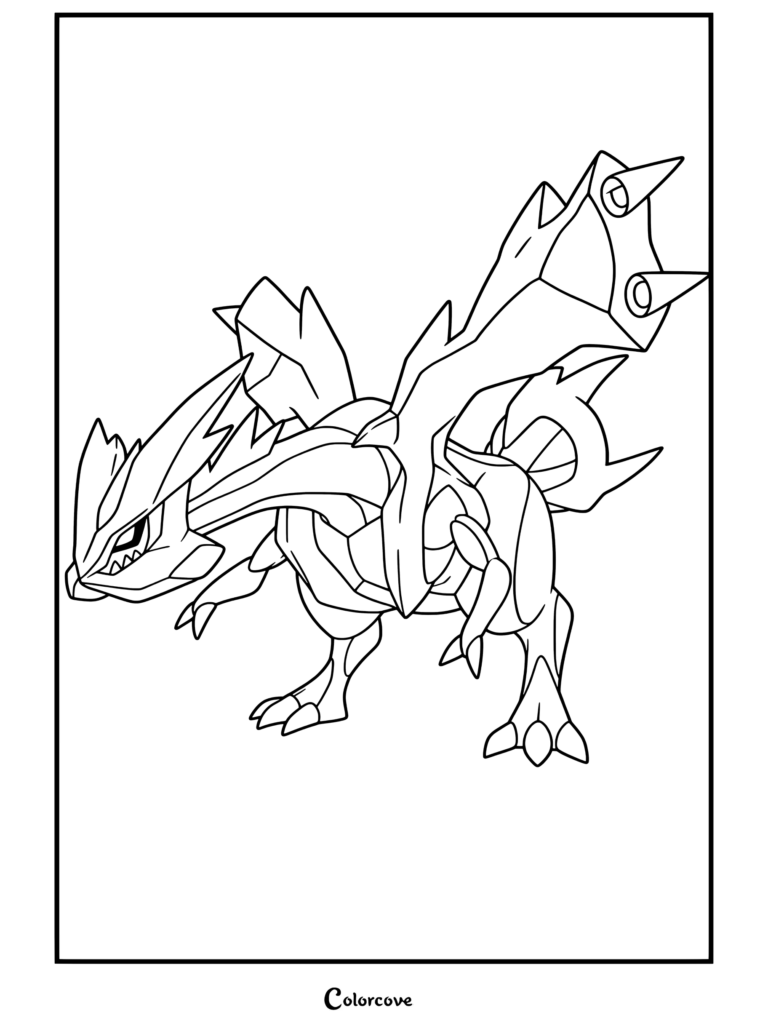 Página para colorear de Kyurem Negro, el pokemon legendario de tipo dragón y hielo de pie con cola congelada y mecanismos de generador de fusión.