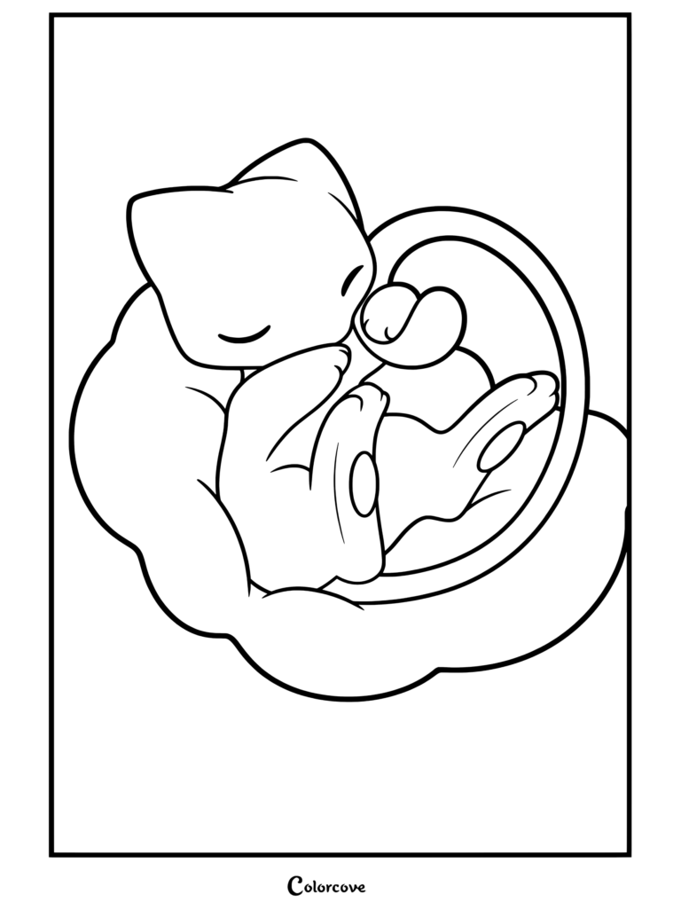 Dibujo para colorear del Pokemon Legendario Mew acurrucado descansando sobre una nube suave con estrellas brillantes.