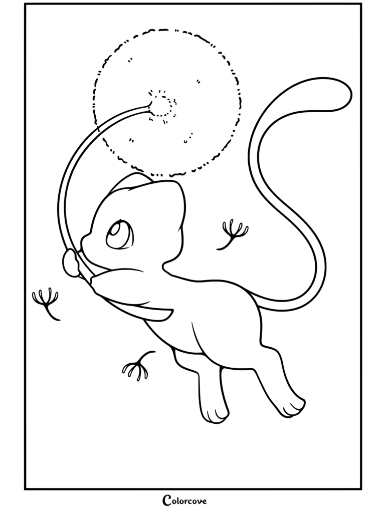 Página para colorear del Pokemon Legendario Mew flotando delicadamente mientras sostiene un tallo de diente de león gigante con una cabeza de semilla esponjosa.