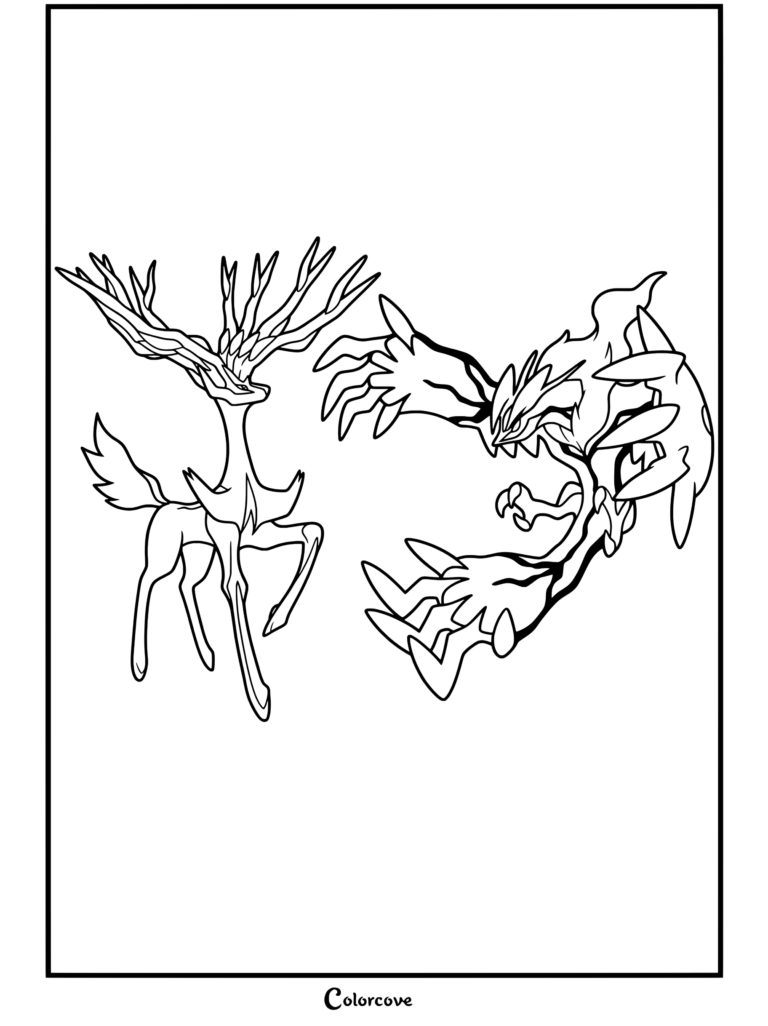Página para colorear de Pokemon Legendarios con Xerneas e Yveltal frente a frente en sus formas activas.