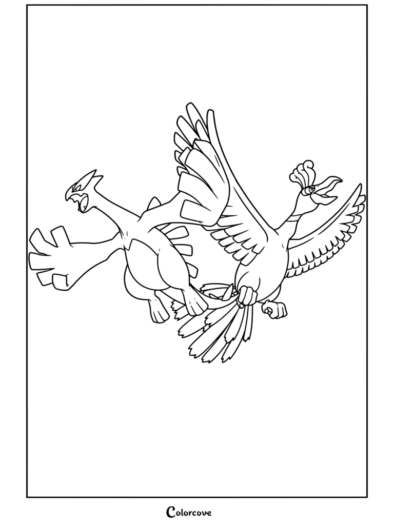 Dibujo para colorear de Lugia y Ho-Oh volando juntos como Pokemon legendarios.