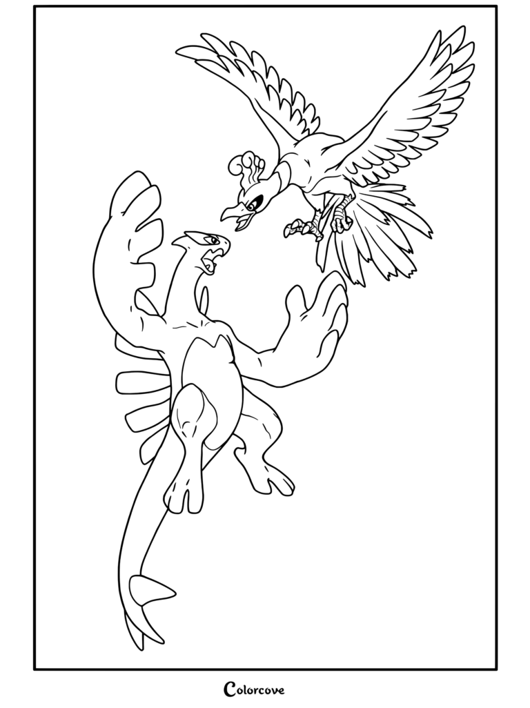Página para colorear de Lugia y Ho-Oh, las aves legendarias frente a frente en un enfrentamiento aéreo, protagonizada por Pokemon Legendarios.