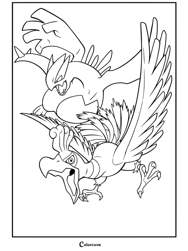 Lugia y Ho-Oh surcando los cielos juntos en una página para colorear con una pose de vuelo dinámica protagonizada por Pokemon Legendarios.