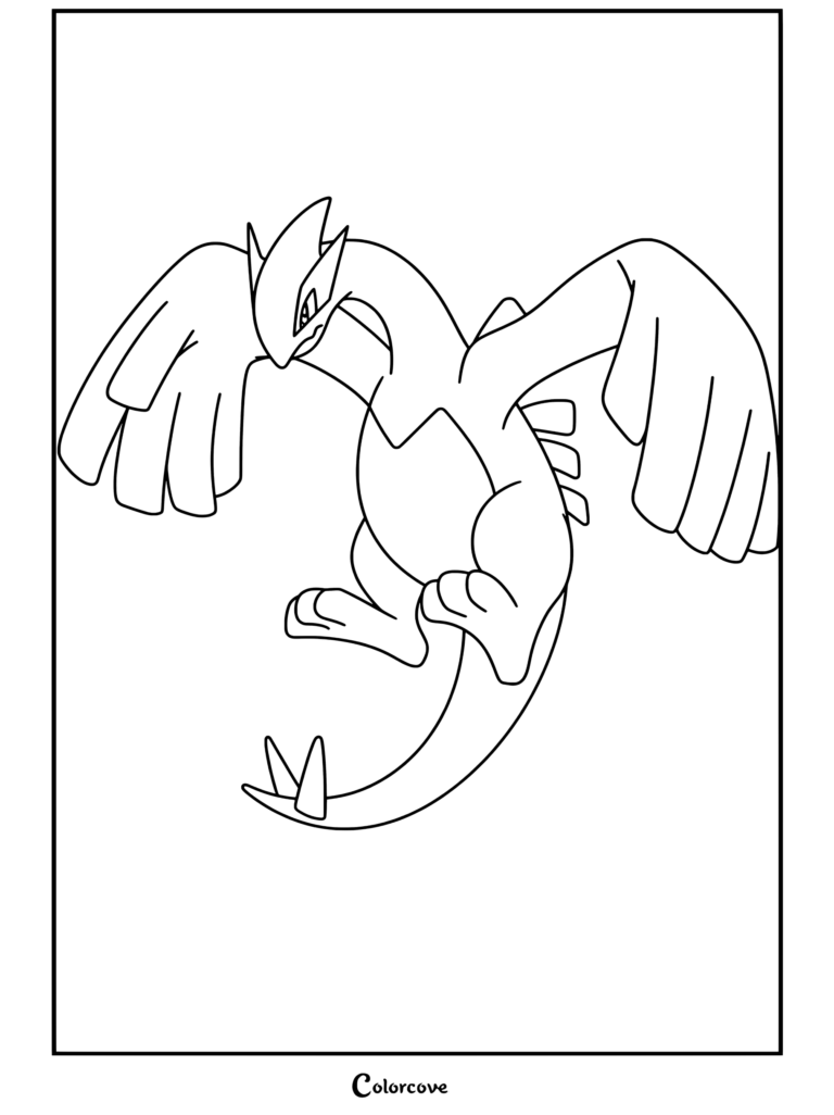Dibujo para colorear de Lugia, el pokemon legendario volando con las alas desplegadas y una expresión decidida.