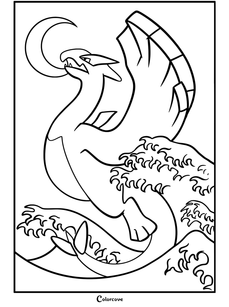 Página para colorear de un Pokemon Legendario con Lugia emergiendo de las turbulentas olas del océano azul bajo una luna creciente al estilo de arte tradicional de grabado en madera japonés.