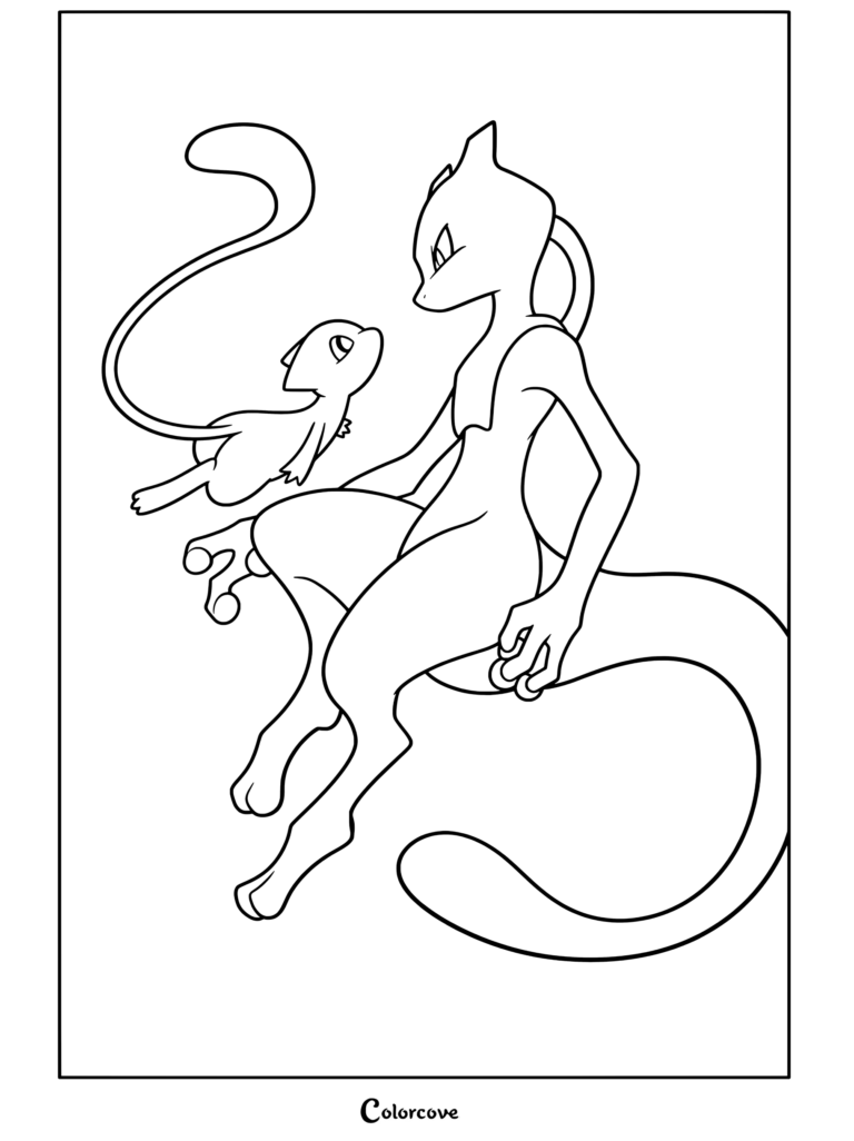 Dibujo para colorear con Mewtwo y Mew sentados juntos mirándose con iluminación suave, protagonizado por Pokemon Legendarios.