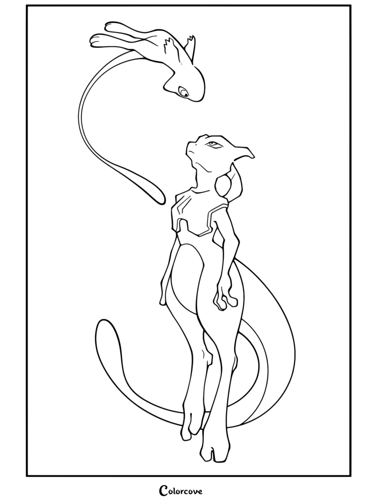 Página para colorear de Pokemon Legendarios con Mewtwo y Mew de pie juntos en una ilustración artística.