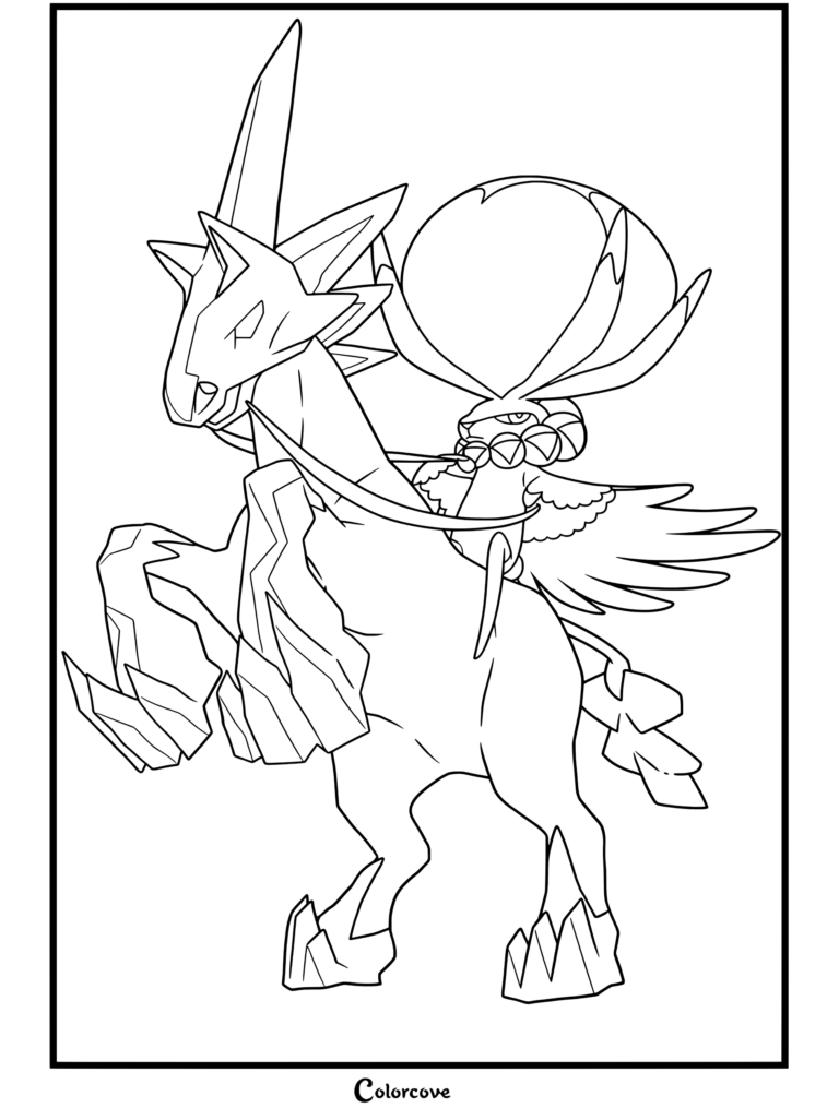 Calyrex Jinete Glacial de los Pokemon Legendarios listo para imprimir como dibujo para colorear.
