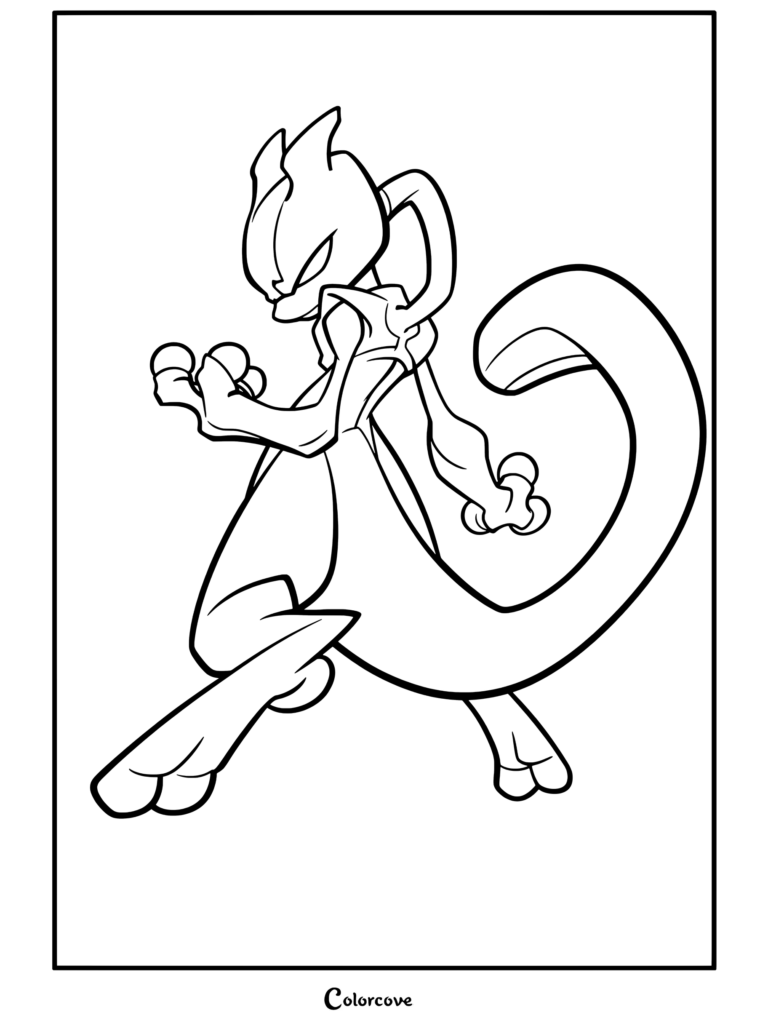 Página para colorear de Pokemon Legendarios con Mewtwo en postura de combate dinámica rodeado de energía psíquica morada y arcos de rayos.