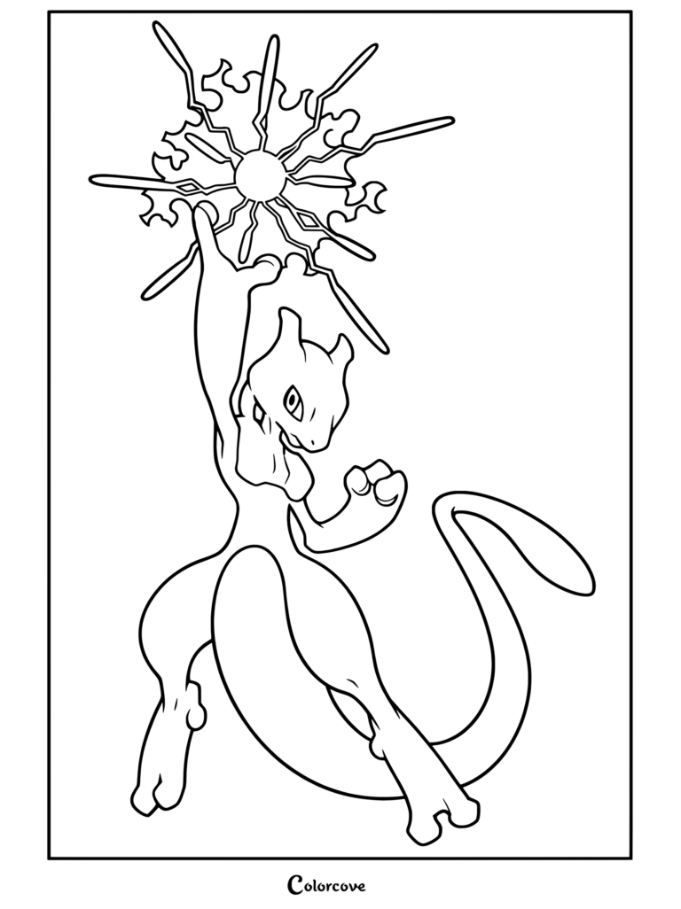 Página para colorear de Pokemon Legendarios con Mewtwo sosteniendo una esfera de sombra brillante como ataque de energía psíquica.