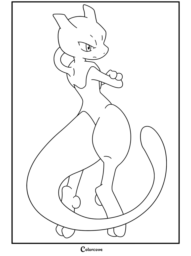 Página para colorear de Pokemon Legendarios con Mewtwo de pie con confianza, los brazos cruzados y una larga cola.