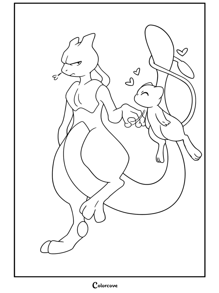 Página para colorear de Pokemon Legendarios con Mewtwo luciendo molesto mientras Mew flota alegremente cerca con corazones flotantes.