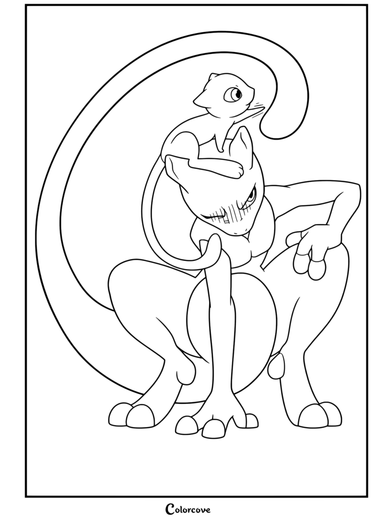 Página para colorear de Pokemon Legendarios con Mewtwo en cuclillas con cara de enfado mientras Mew se sienta en su cabeza curvando su larga cola.
