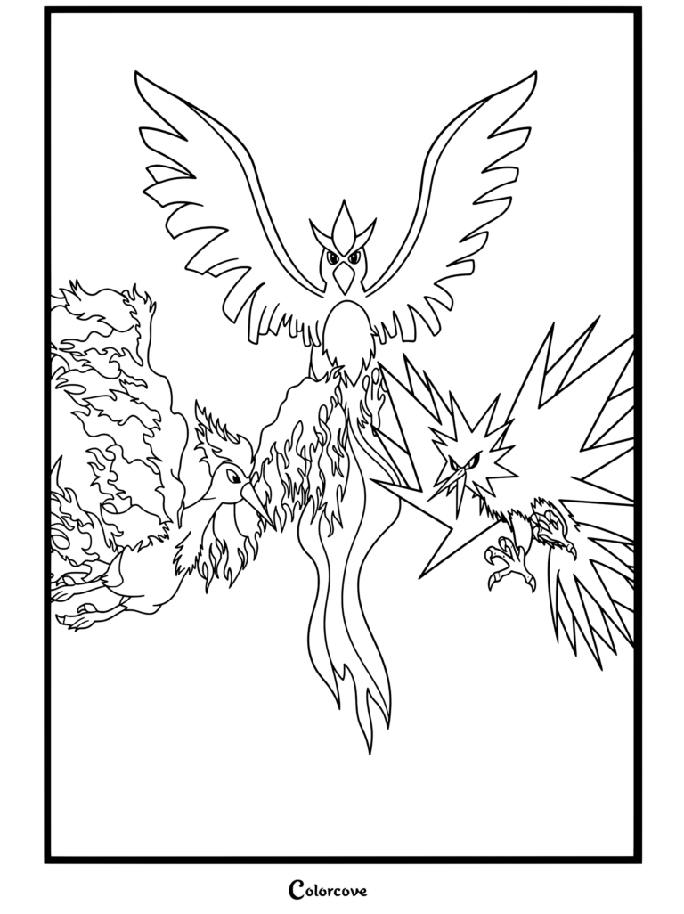 Página para colorear de las Aves Legendarias Moltres, Articuno y Zapdos juntas, con el trío de Pokemon Legendarios en arte lineal en blanco y negro.