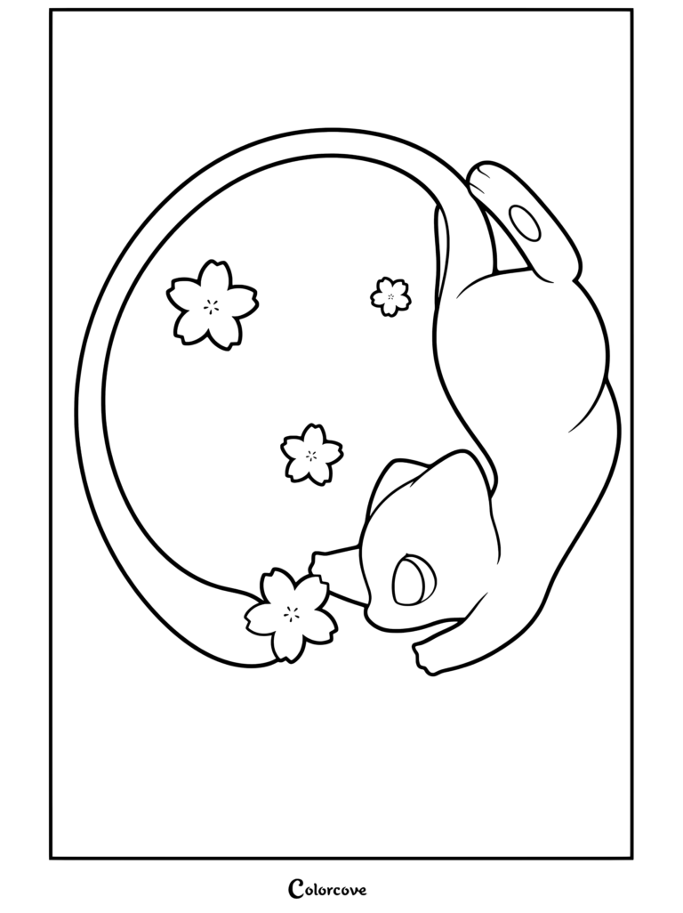 Una página para colorear imprimible del Pokemon Legendario Mew acurrucado en círculo, rodeado de flores de cerezo.
