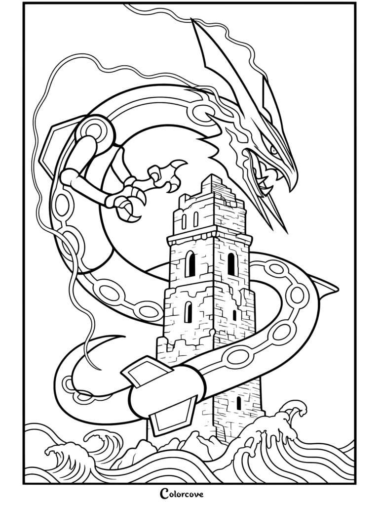 Dibujo para colorear para fans de Pokemon Legendarios con Rayquaza enroscado alrededor de una torre de piedra antigua en el océano, con estilo de grabado en madera vintage.