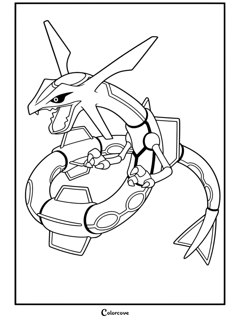 Dibujo para colorear de Rayquaza, el legendario dragon pokemon de tipo planta y dragón, mostrando su cuerpo enroscado y su boca abierta rugiendo.