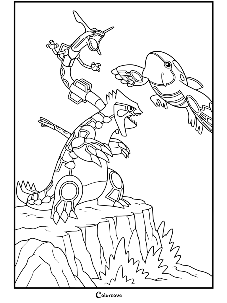Página para colorear de Pokemon Legendarios con Rayquaza elevándose sobre Groudon y Kyogre en una batalla climática épica.