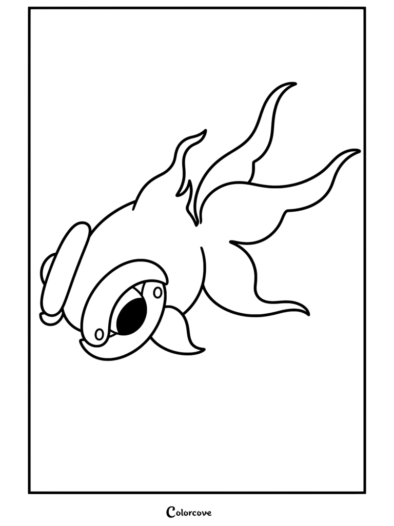 Página para colorear de Chi-Yu, el pokemon legendario pez con aletas llameantes y ojos de cuentas, protagonizada por la fiera criatura del juego.