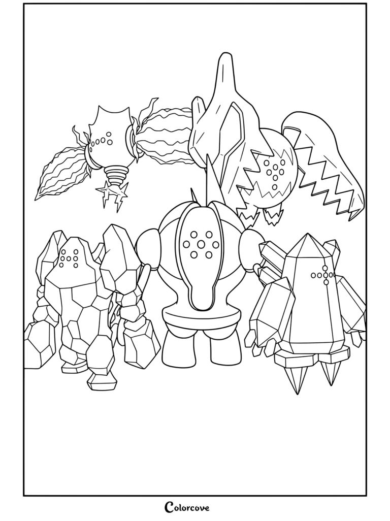 Página para colorear de Pokemon Legendarios con Regirock, Regice, Registeel, Regieleki y Regidrago juntos.
