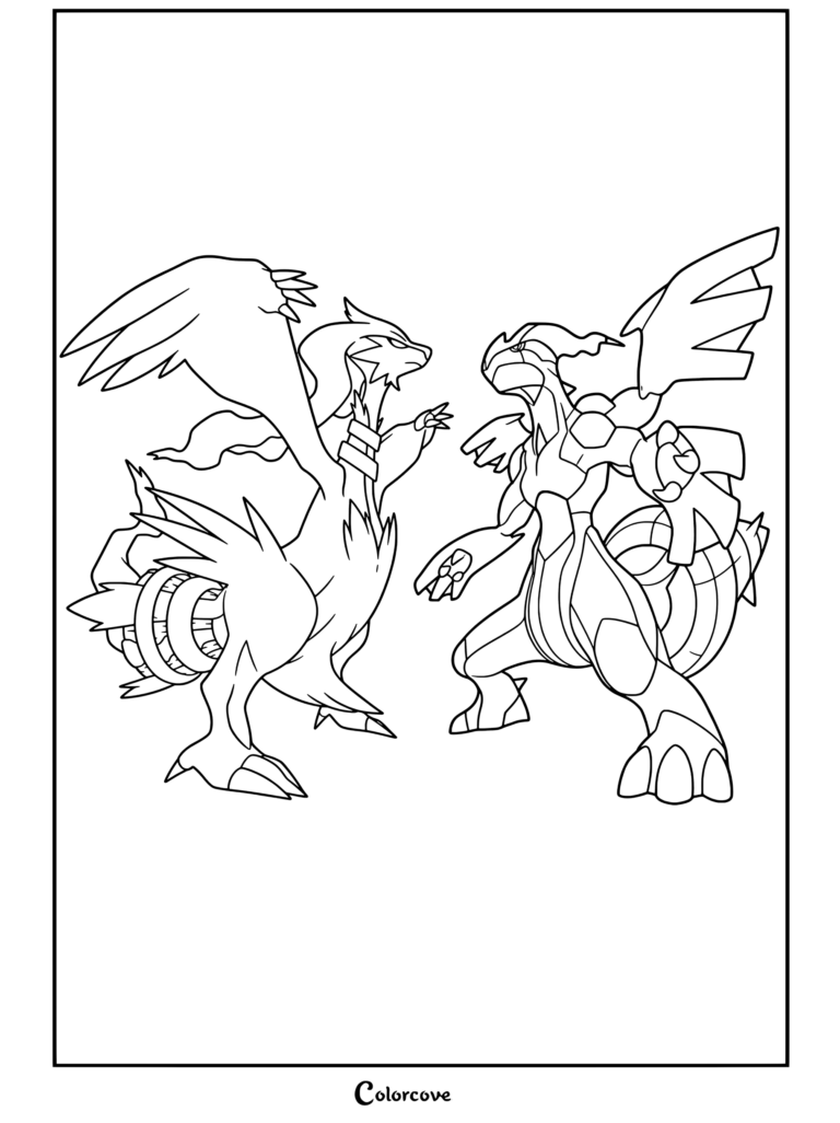 Página para colorear de Reshiram y Zekrom como Pokemon Legendarios frente a frente en una comparativa lado a lado.