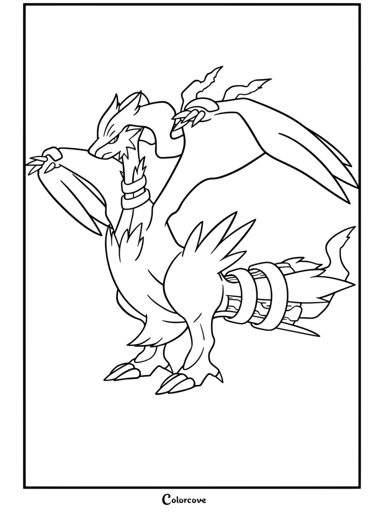 Dibujo para colorear imprimible de Reshiram, el pokemon legendario de tipo dragón de pie con orgullo, alas desplegadas y cola emplumada blanca.