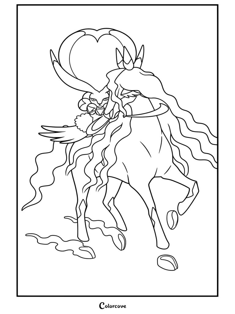 Dibujo para colorear terminado de Calyrex Jinete Sombra, un majestuoso Pokemon Legendarios montando a Spectrier con una corona verde brillante.