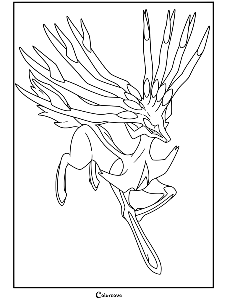 Dibujo para colorear de Xerneas varicolor, un de los Pokemon Legendarios, en postura activa con astas brillantes.