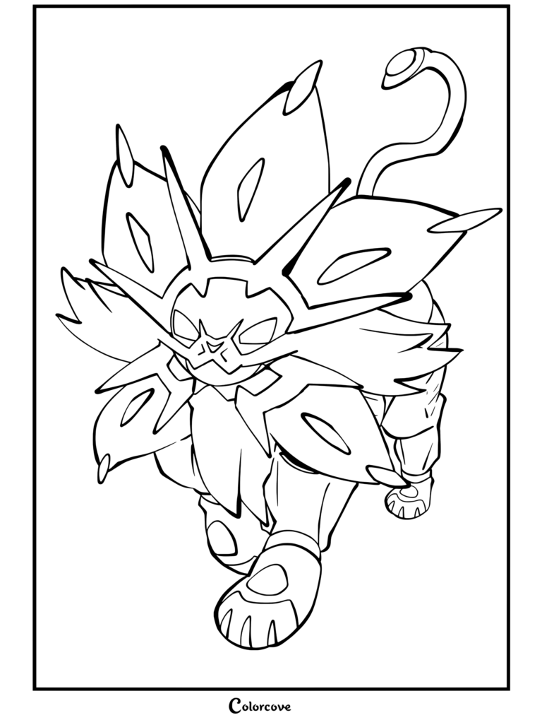 Página para colorear imprimible de Solgaleo, la criatura león solar pokemon legendaria avanzando con una cara espacial brillante y melena solar.