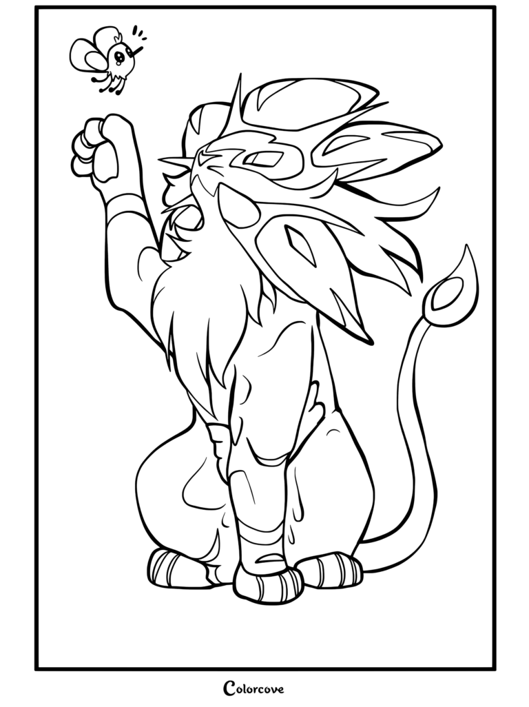 Página para colorear de Pokemon Legendarios con Solgaleo sentado de forma juguetona estirándose hacia Cutiefly con una expresión curiosa.