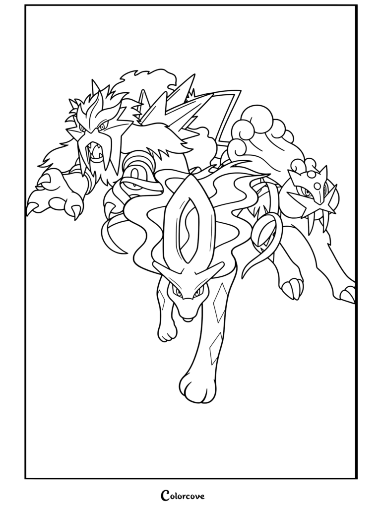 Página para colorear gratuita de Suicune, Entei y Raikou, las bestias legendarias, corriendo juntas como Pokemon Legendarios.