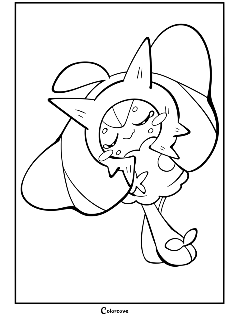 Dibujo para colorear terminado de Ogerpon máscara teral posando alegremente con destellos brillantes a su alrededor, destacando a los Pokemon Legendarios.