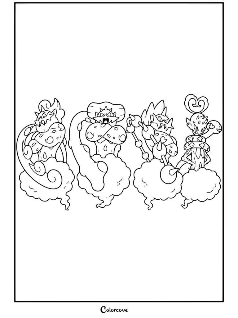 Página para colorear de Pokemon Legendarios con Tornadus, Landorus, Thundurus y Enamorus flotando en las nubes en formas avatar.