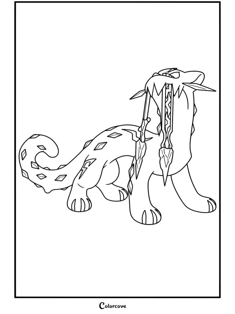 Página para colorear imprimible de Chien-Pao, el pokemon legendario con diseño de leopardo de las nieves que sostiene espadas de carámbano en la boca.