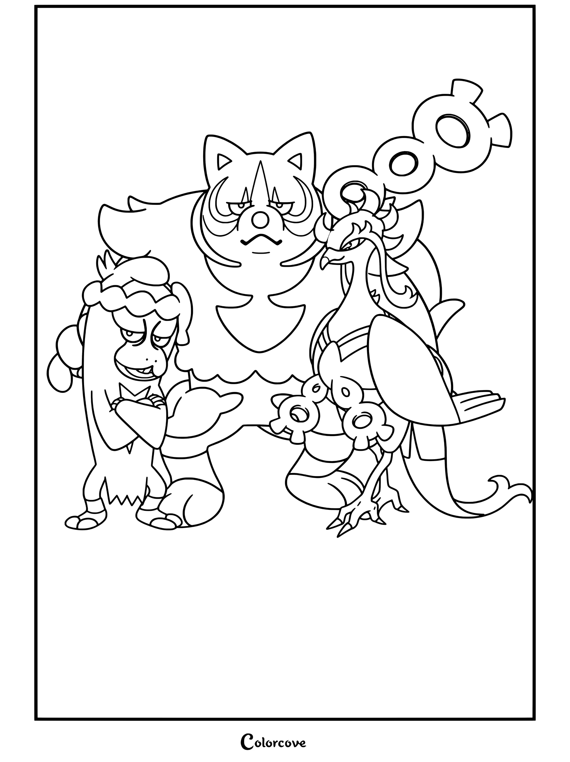 Página para colorear imprimible de Los Tres Leales, los Pokemon Legendarios Munkidori, Okidogi y Fezandipiti, de pie juntos.