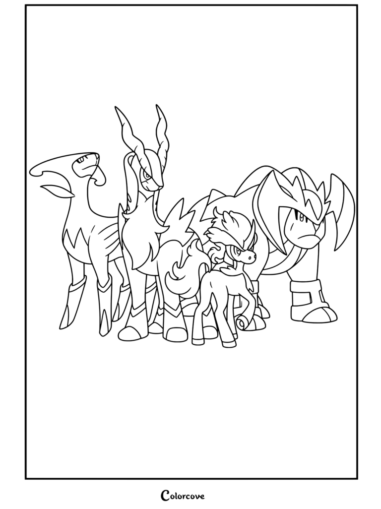 Virizion, Cobalion, Keldeo y Terrakion de pie juntos en esta página para colorear de Pokemon Legendarios.