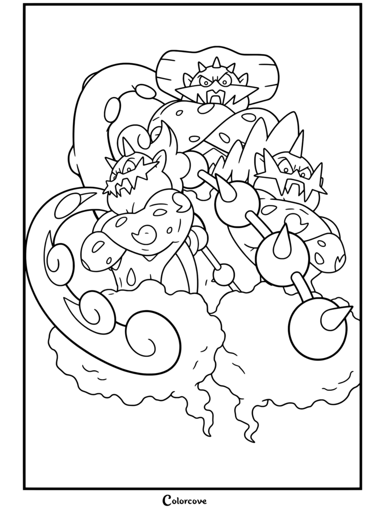 Página para colorear de pokemon legendarios con Tornadus, Thundurus y Landorus, el trío de las Fuerzas de la Naturaleza, flotando en las nubes en formas avatar.