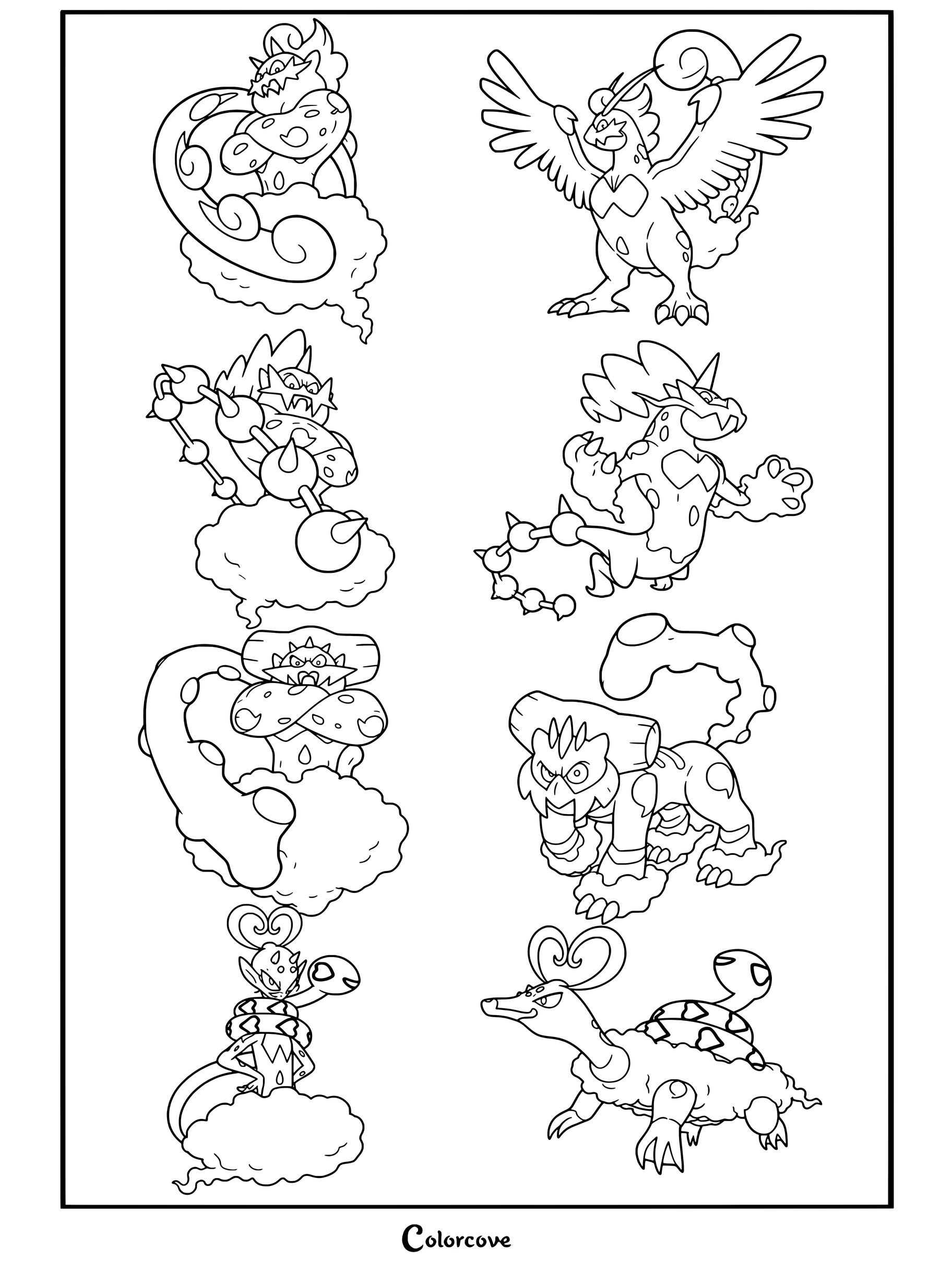 Página para colorear imprimible de Tornadus, Thundurus, Landorus y Enamorus en sus Formas Totem y Avatar de Pokemon, con los cuatro Pokemon Legendarios.