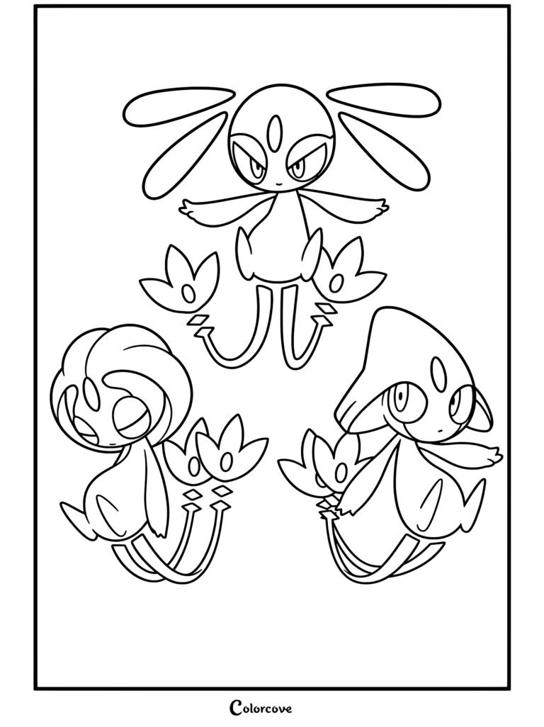 Página para colorear con Uxie, Mesprit y Azelf, el trío de pokemon legendarios Guardianes de los Lagos.