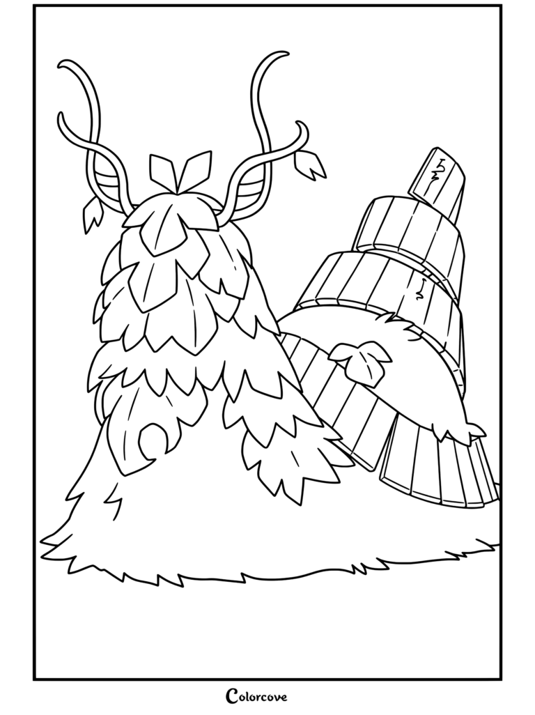 Página para colorear de Wo-Chien, el pokemon legendario caracol de tipo planta con caparazón de pergamino de madera y cuerpo frondoso.