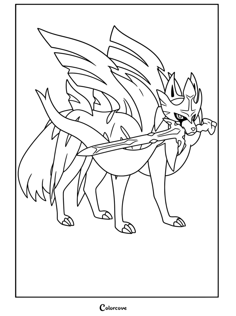 Página para colorear de Pokemon Legendarios con Zacian sosteniendo una espada en la boca y Zamazenta con una melena de escudo.