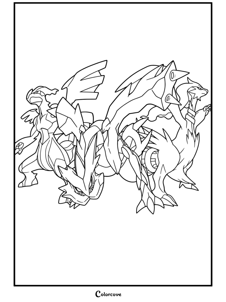 Zekrom, Kyurem y Reshiram, el trío de dragones pokemon legendarios posando juntos en una página para colorear para niños y fans.